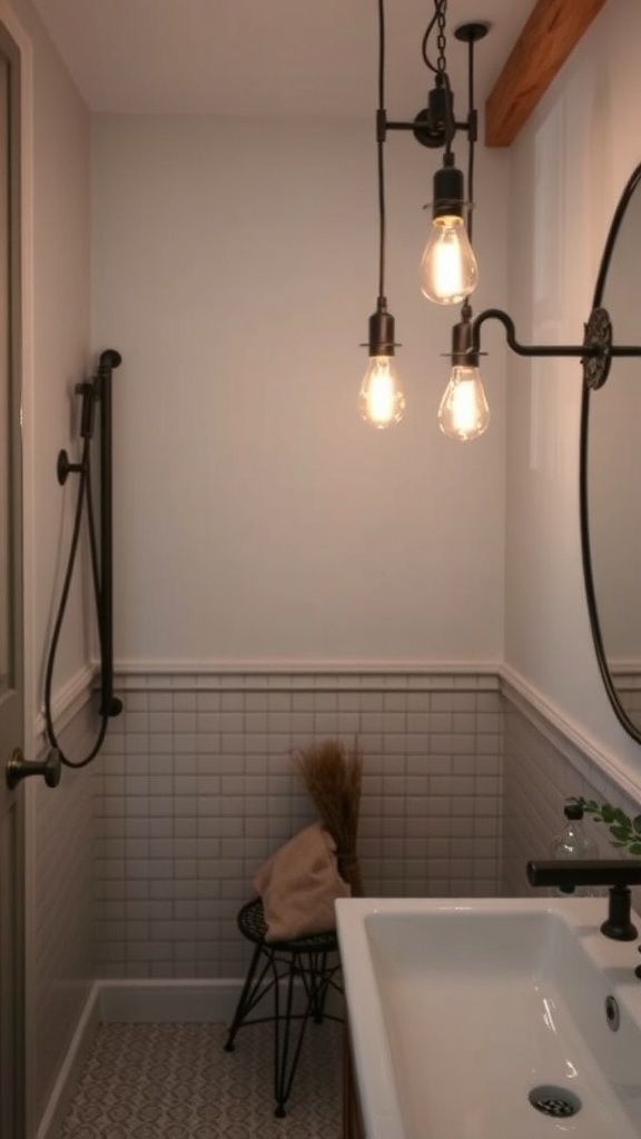 A rustic bathroom with stylish lighting fixtures