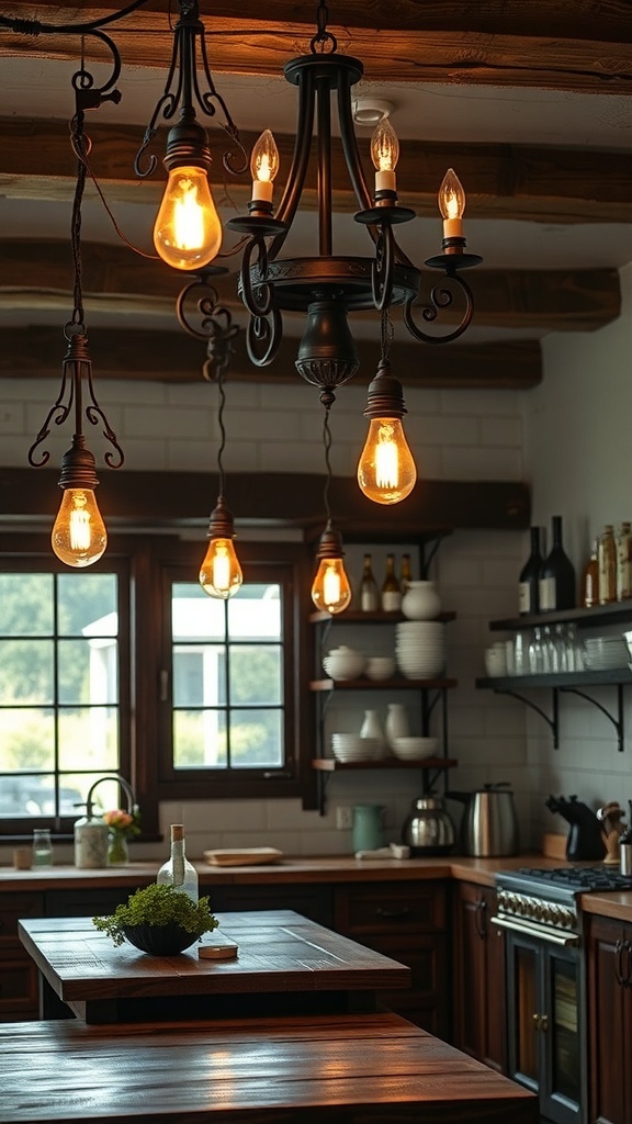 A rustic kitchen with warm lighting fixtures hanging from the ceiling.