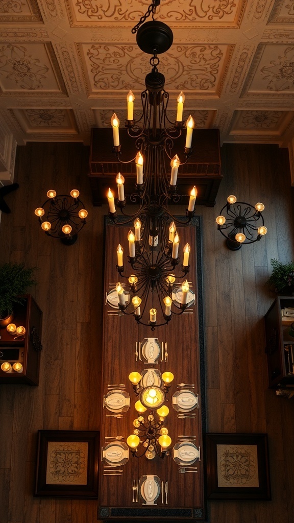 A rustic dining room with a large chandelier and wall sconces, featuring a wooden table set for dinner.