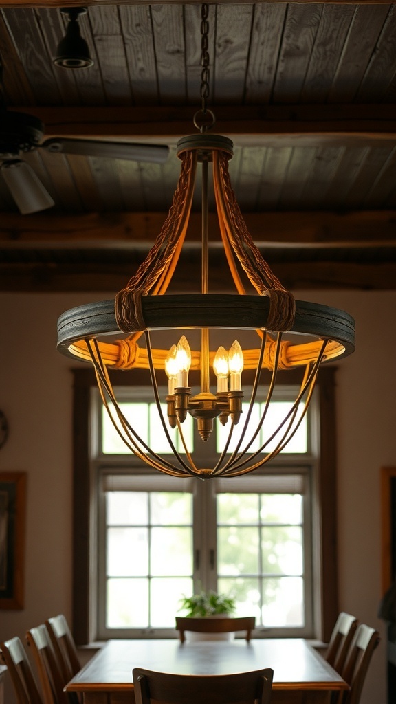 A rustic chandelier made from wood and metal, hanging above a dining table.