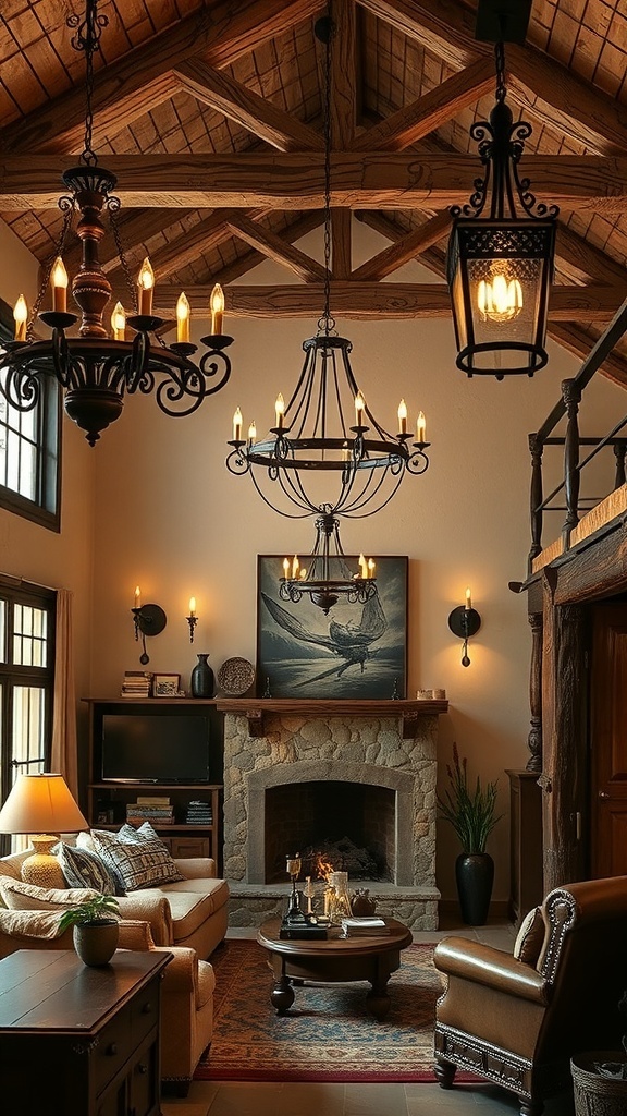 A rustic living room featuring wrought iron chandeliers and lantern-style sconces.