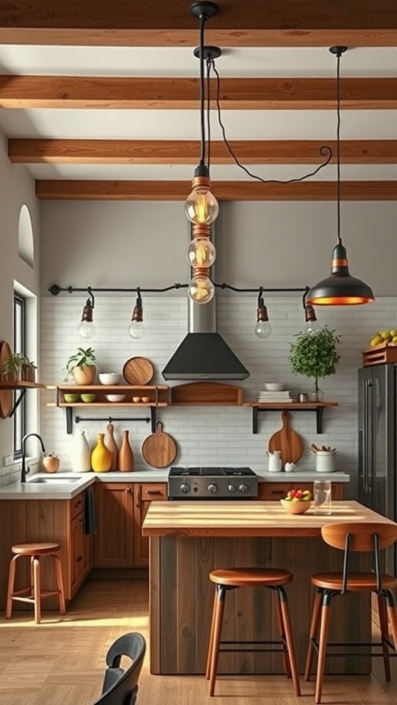 A modern rustic kitchen featuring warm wood tones and stylish lighting fixtures.