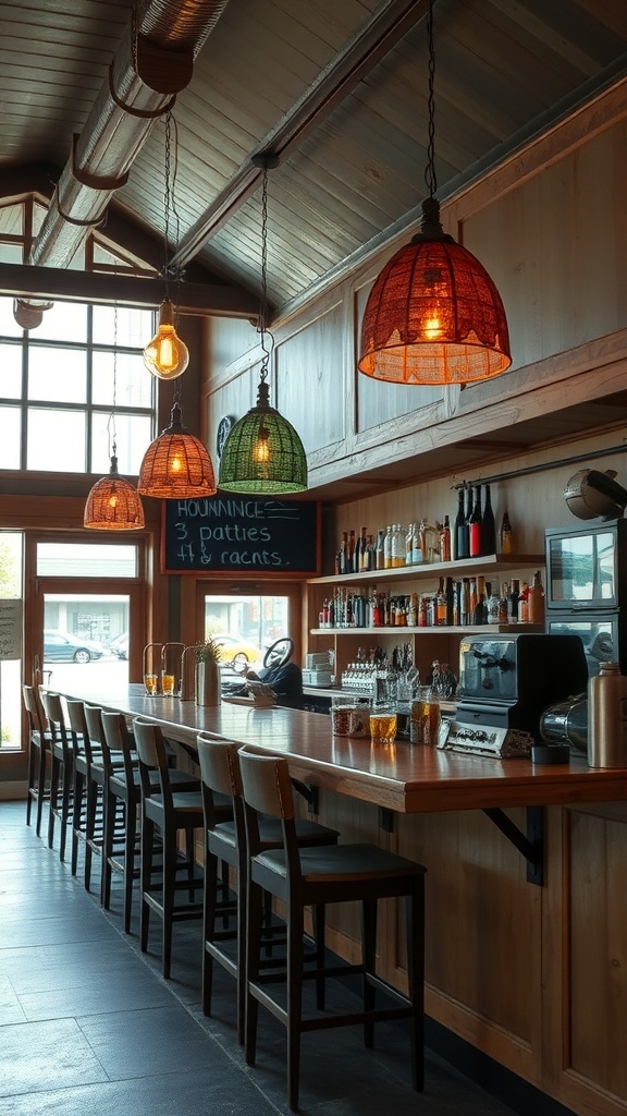 A rustic bar with unique lighting fixtures hanging above the counter.