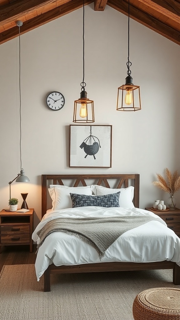 A modern rustic bedroom featuring wooden furniture and stylish lighting fixtures.