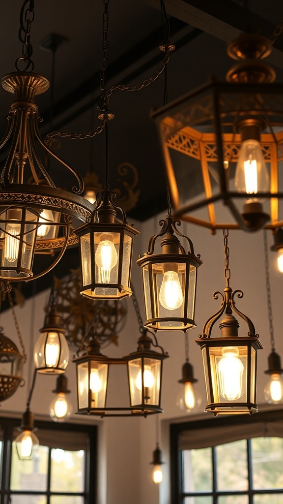 A collection of rustic lighting fixtures including lantern-style and wrought iron designs.