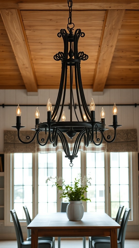 A rustic chandelier hanging over a wooden dining table in a bright room.