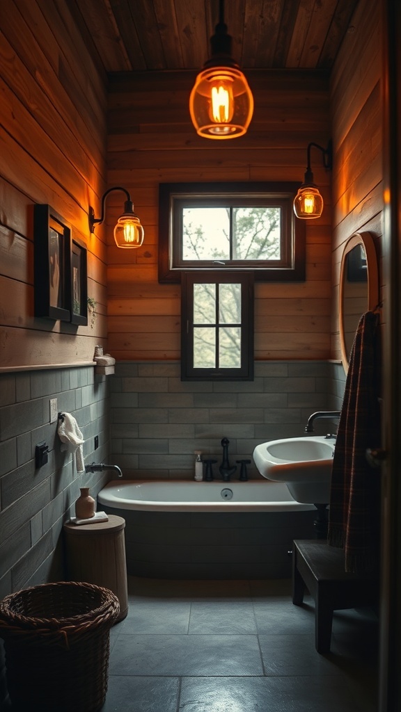 A small rustic bathroom with warm lighting fixtures and wooden accents.