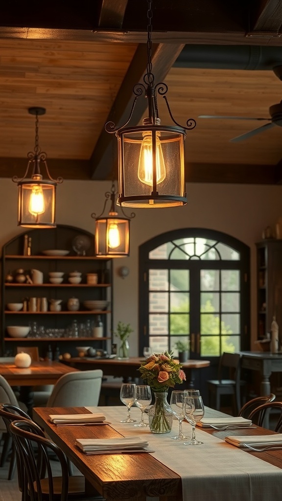 Rustic lighting fixtures in a cozy dining area with wooden tables and shelves.