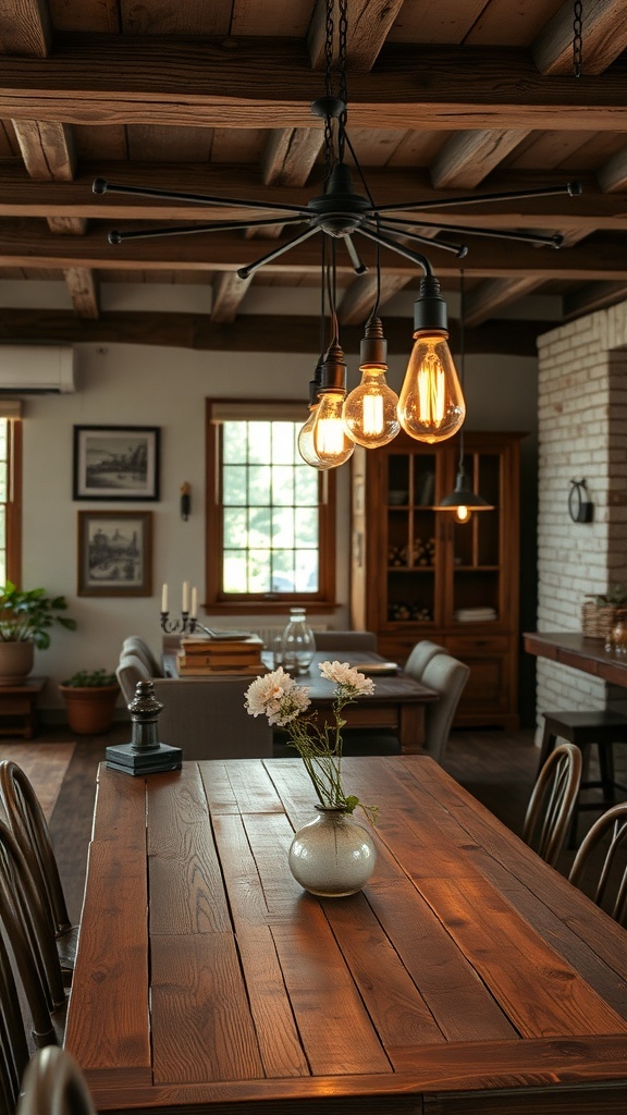 Rustic lighting fixtures in a cozy house interior with wooden elements.
