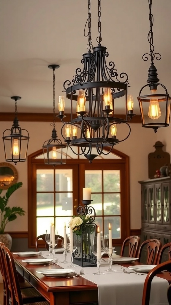 A rustic dining room with wrought iron chandeliers and lantern-style lights.