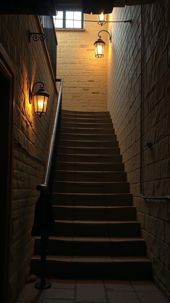 A rustic staircase illuminated by warm lantern-style lighting fixtures.