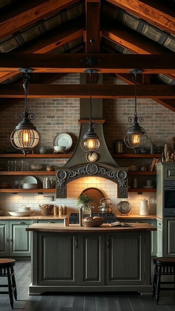 A rustic kitchen featuring warm lighting fixtures and wooden beams.
