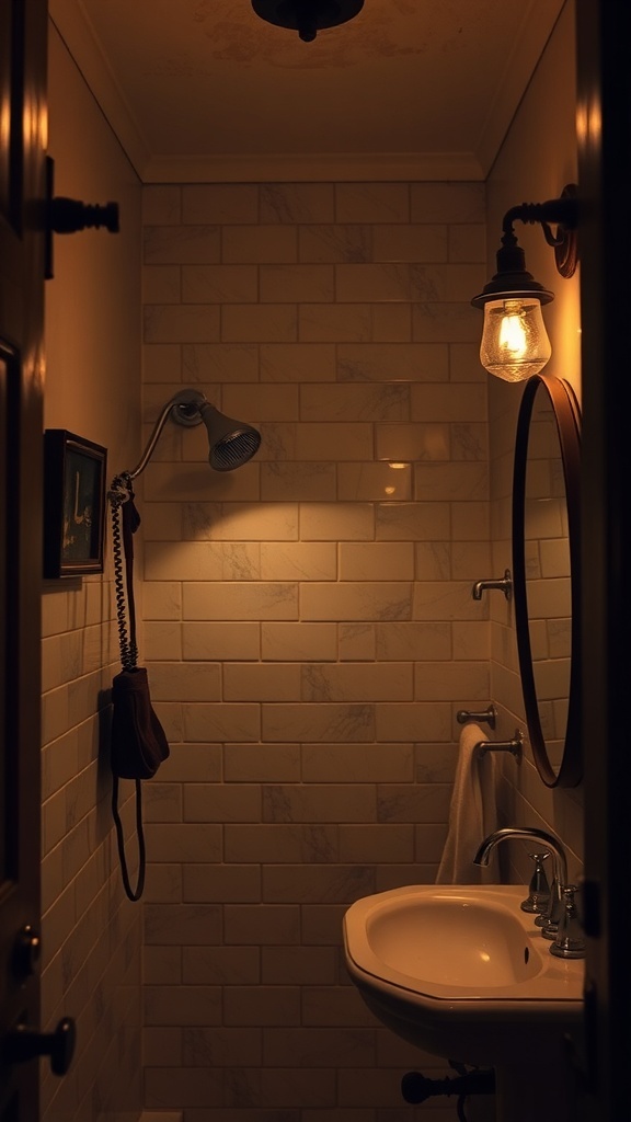 A small rustic bathroom with warm lighting and vintage fixtures.