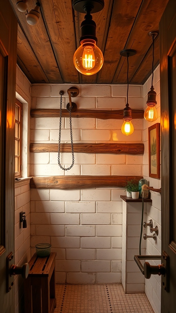 Small rustic bathroom with warm Edison bulb lighting and wooden beams.