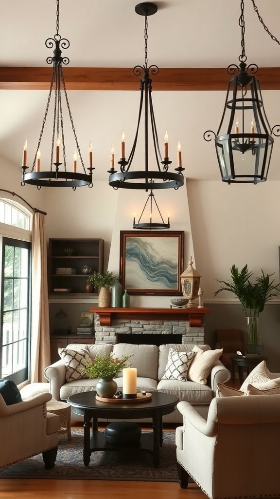 A cozy living room with rustic lighting fixtures, including wrought iron chandeliers and a lantern-style light.