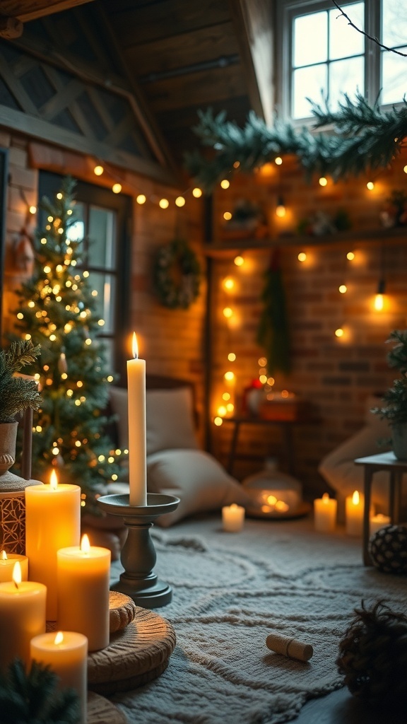 A cozy room decorated for Christmas with candles and string lights.