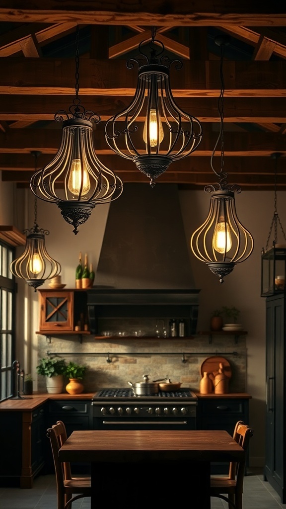 Rustic kitchen with pendant lights and wooden elements