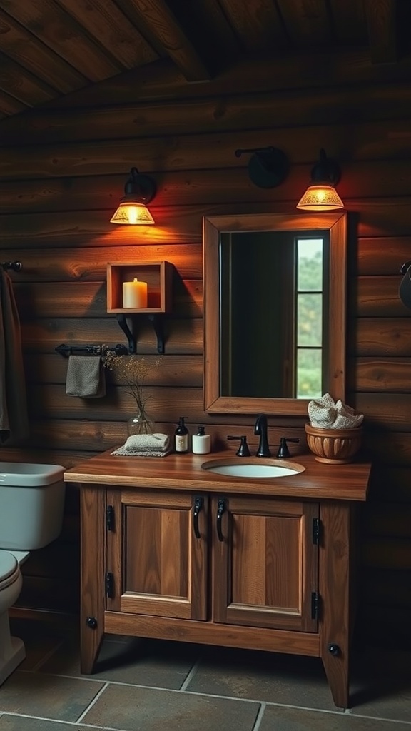 A rustic bathroom featuring a wooden vanity, warm lighting, and natural decor.