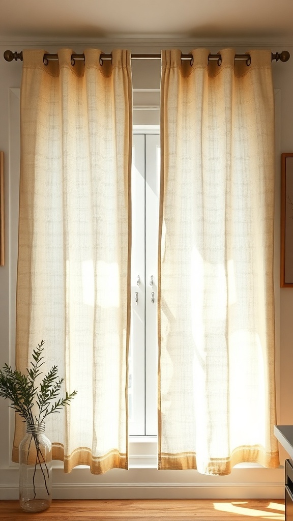 Rustic linen drapes in a farmhouse kitchen, softly filtering light.