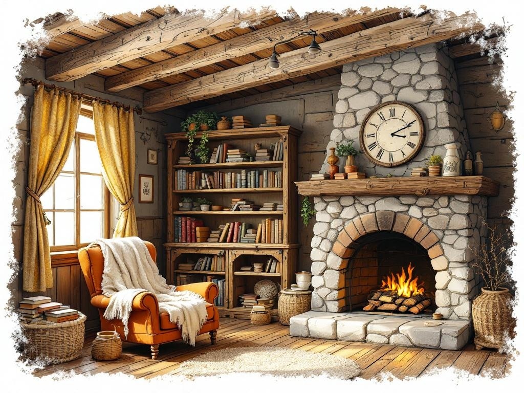 Cozy reading nook with rustic log cabin vibe featuring a stone fireplace, wooden beams, and an orange armchair.