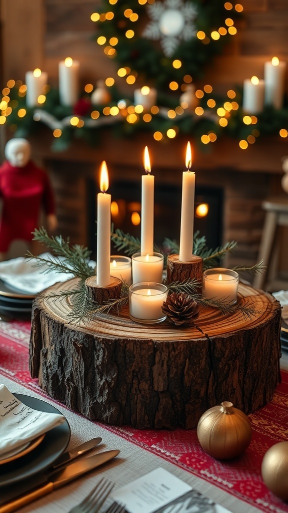 A rustic log slice centerpiece with candles and greenery on a festive table setting.