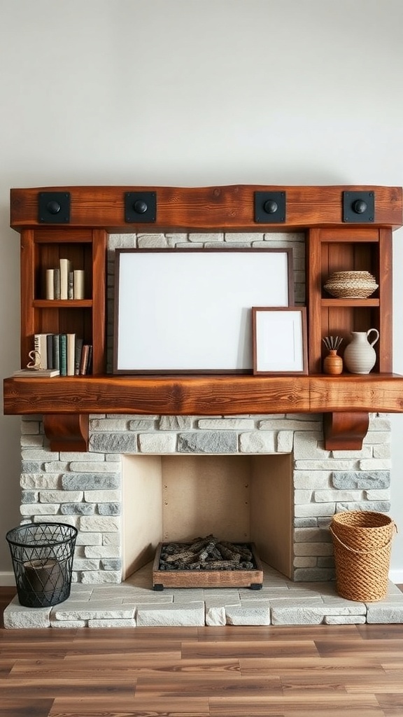 A rustic fireplace mantel made of wood with built-in shelves, displaying books and decorative items.