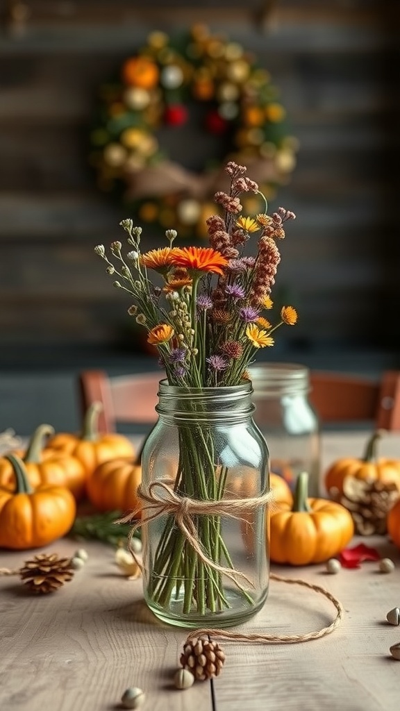 A rustic mason jar filled with flowers, surrounded by small pumpkins and pinecones.