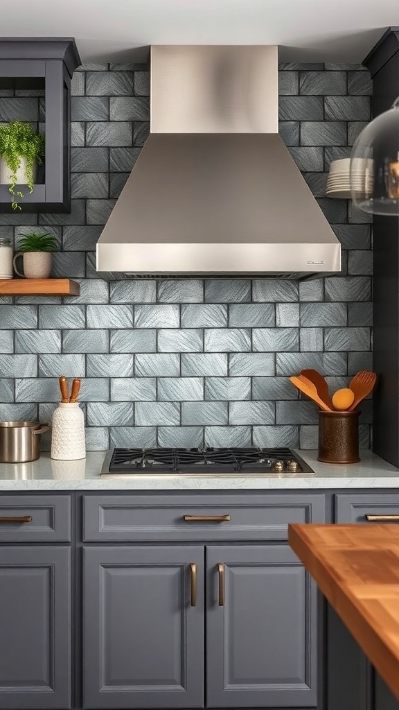 A rustic farmhouse kitchen with a metal backsplash and range hood.