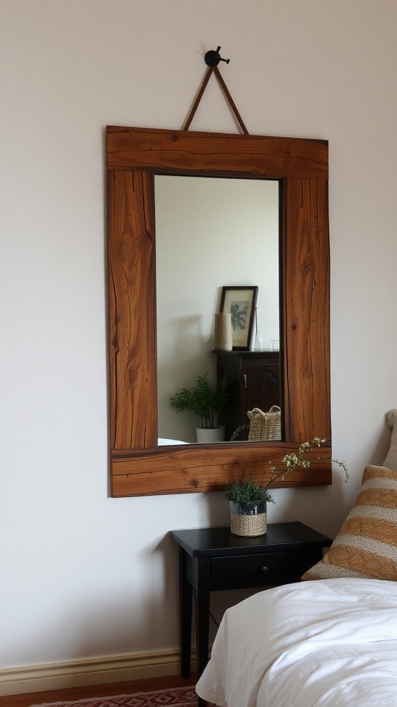 A rustic wooden mirror with a simple design, hanging on a wall in a farmhouse bedroom.