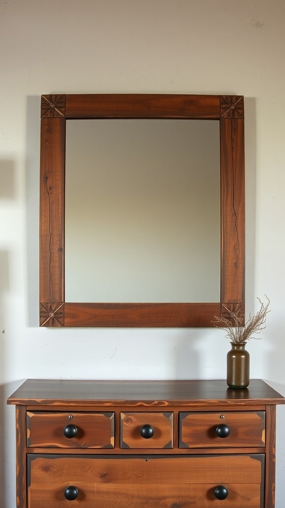 A wooden-framed rustic mirror above a dresser with a vase.