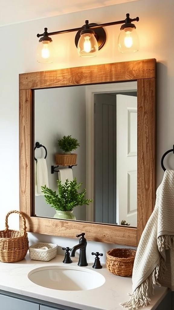 A rustic bathroom featuring a wooden-framed mirror, natural wood vanity, and woven baskets.