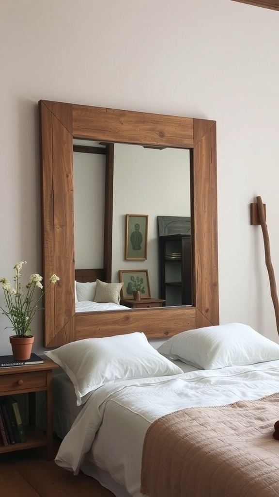 A rustic wooden mirror above a bed in a cozy bedroom setting.