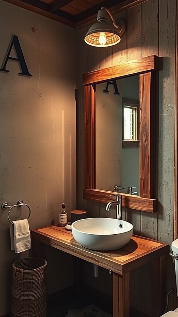 A rustic bathroom featuring a wooden mirror and a modern sink.