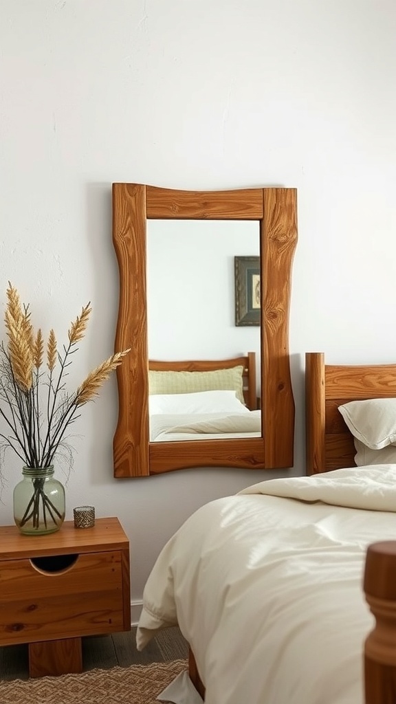 A rustic mirror with a natural wooden frame above a bed in a cozy bedroom setting.