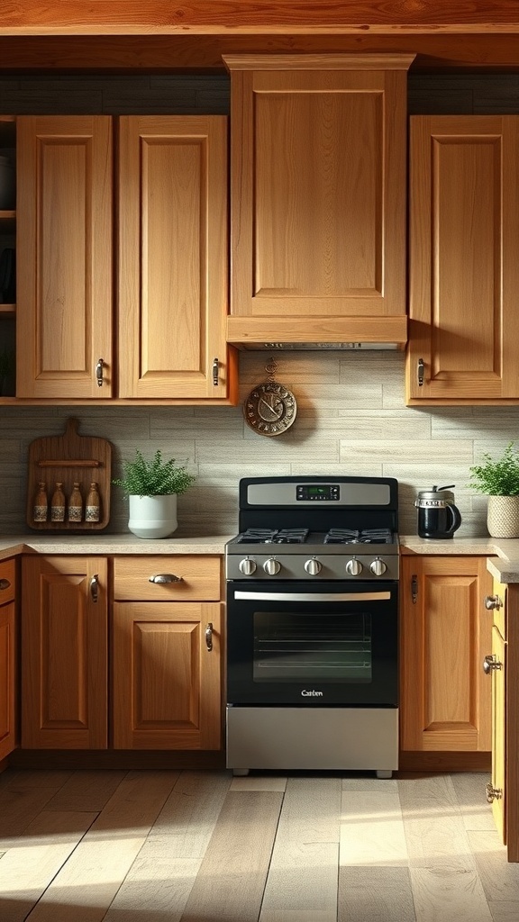 A rustic modern kitchen featuring wooden cabinets, a sleek stove, and natural decor.