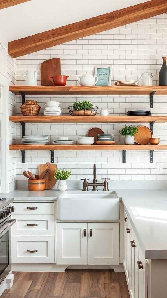 A rustic modern kitchen featuring open shelving with dishware, a farmhouse sink, and wooden accents.