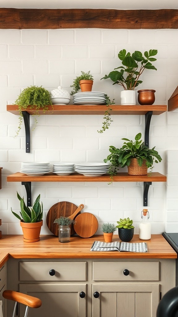 Rustic open shelving displaying plates and plants in a farmhouse kitchen.