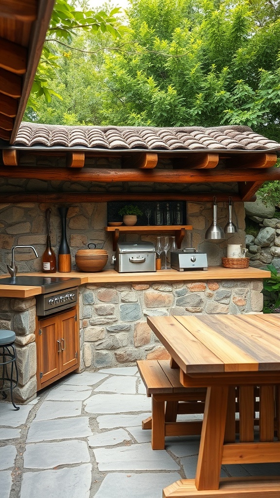 A rustic outdoor kitchen with stone walls, wooden accents, and a spacious table surrounded by greenery.