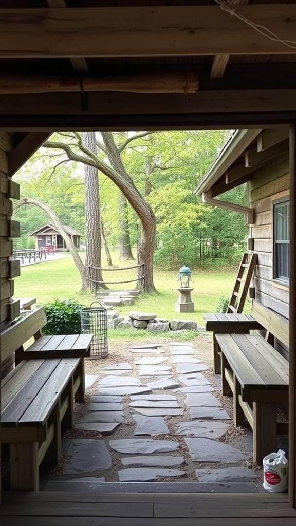 View from a vintage cabin showing a stone path and wooden benches leading to a green outdoor area.