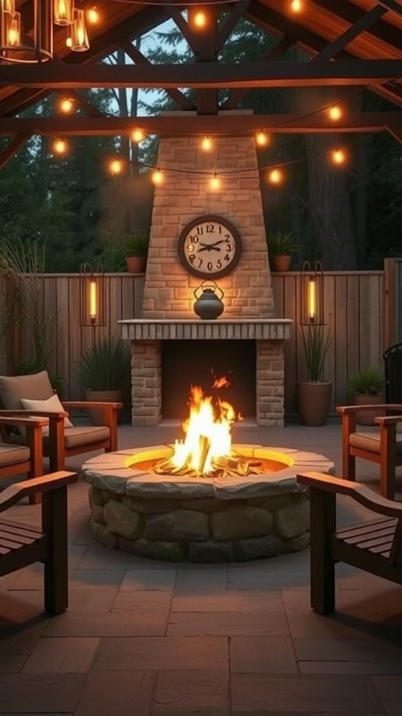 Cozy rustic outdoor fire pit with warm lighting and seating