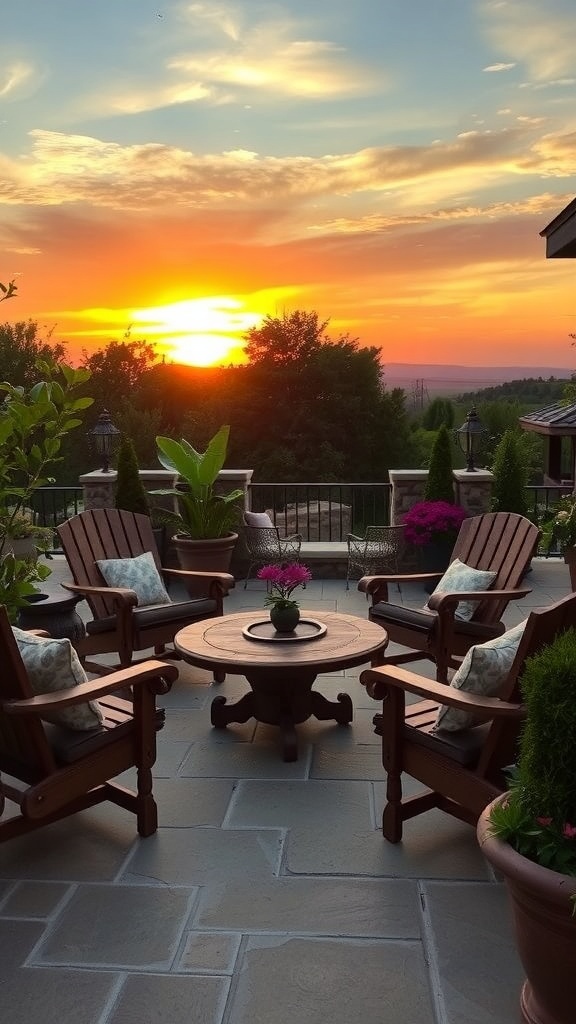 A cozy outdoor seating area with rustic wooden chairs and a table, set against a sunset backdrop.