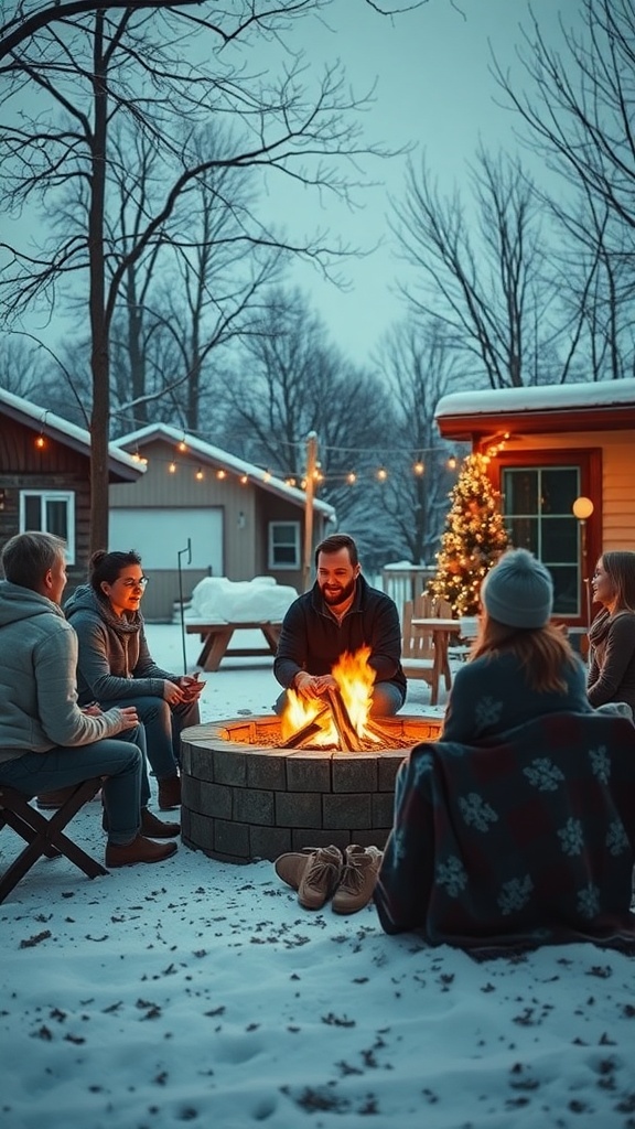 A group of friends gathered around a fire pit in a snowy outdoor setting, enjoying a cozy winter evening.