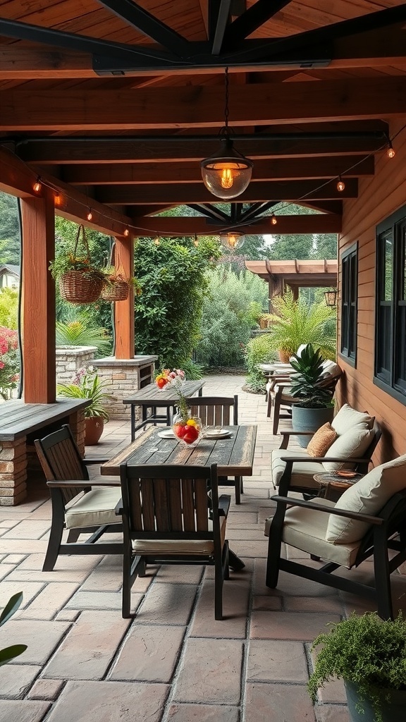 A rustic outdoor living space featuring wooden furniture, warm lighting, and lush greenery.