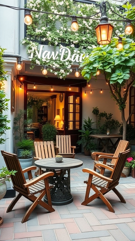 A rustic outdoor seating area with wooden chairs, a round table, and string lights.
