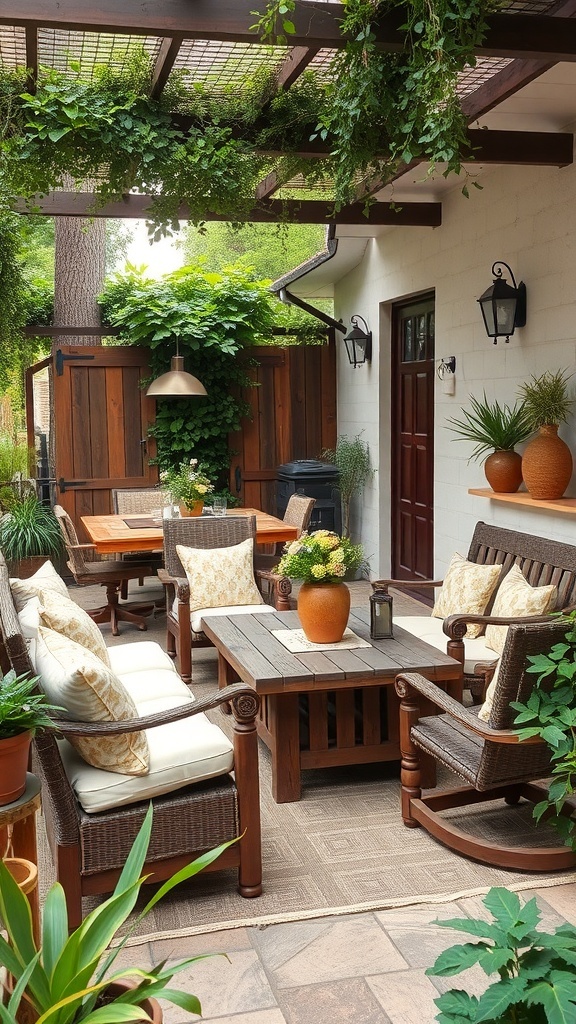 A cozy rustic outdoor seating area with wooden furniture and lush greenery.