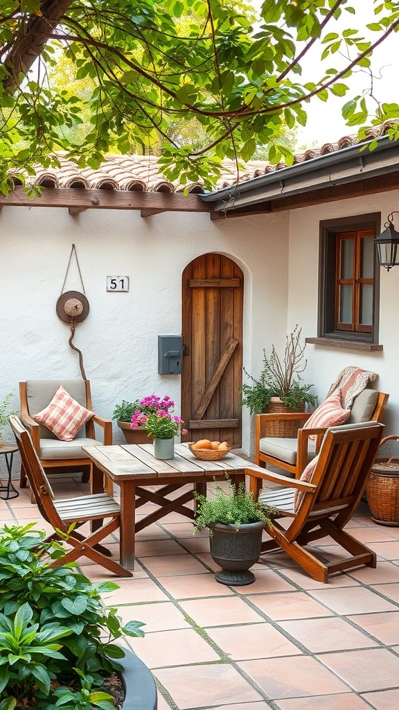A rustic outdoor seating area with wooden chairs, a table, and potted plants.