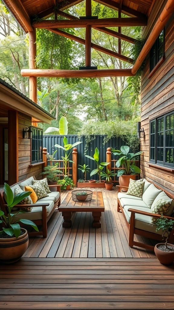 A cozy rustic outdoor space with wooden furniture and lush plants.