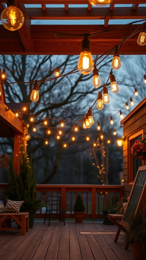 Rustic outdoor string lights illuminating a cozy wooden deck at dusk.