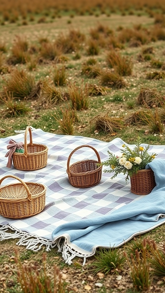 A rustic picnic setup featuring a blue and white checkered blanket, wicker baskets, and a small flower arrangement.