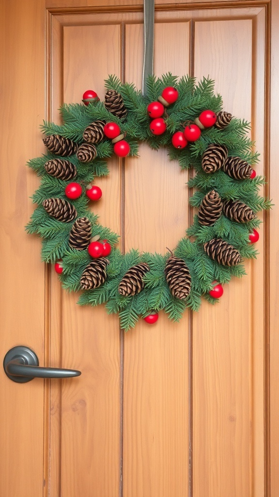 A rustic wreath made of pinecones and red berries hanging on a wooden door.